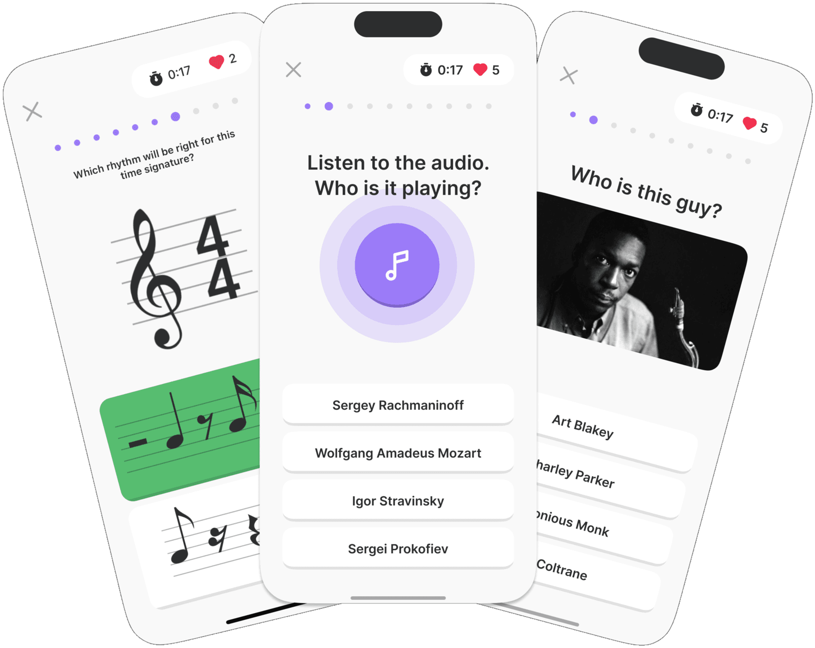 Three Tomus game screens on iPhone: a rhythm question asking which rhythm fits the time signature, a listening question asking who is playing, and a music history question showing a photo of John Coltrane.