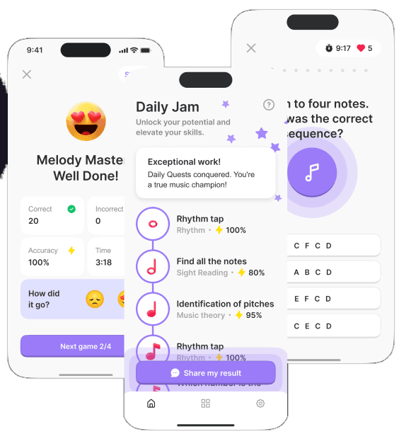 Tomus results and Daily Jam screens: a game summary showing 20 correct answers, 0 incorrect, 100% accuracy and a time of 3:18, next to a Daily Jam list of completed exercises and a sight-reading question.